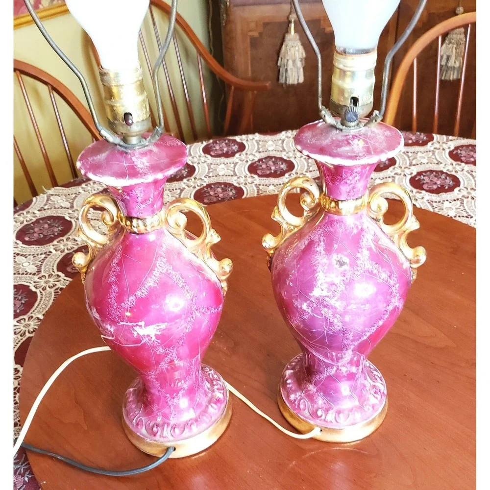 Pair of Vintage Pink Porcelain Victorian Courtship Scene Table Lamps - Gold trim